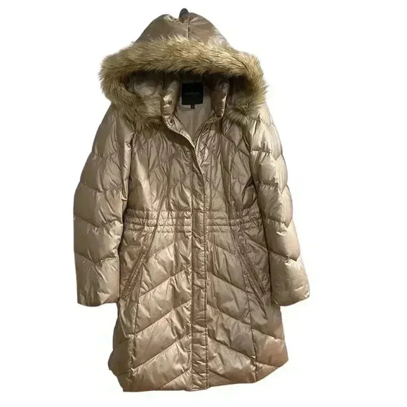 Talbot Jackets & Blazers - Talbots Women's Gold Quilted Down Puffer Coat Faux Fur Hood Size L Winter